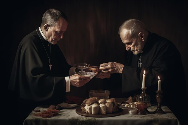 Aan een tafel zitten twee priesters, van wie er één een bord brood vasthoudt.