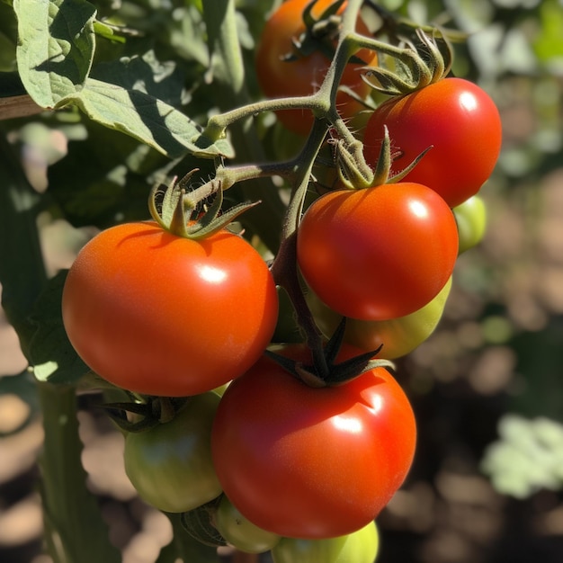 Aan een tak hangt een tros tomaten.