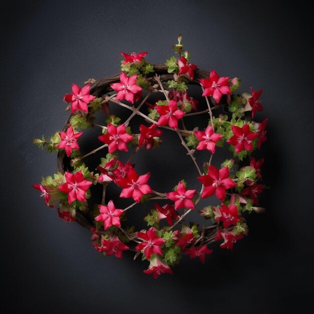 Aan een zwarte achtergrond hangt een plant met rode bloemen en groene bladeren.