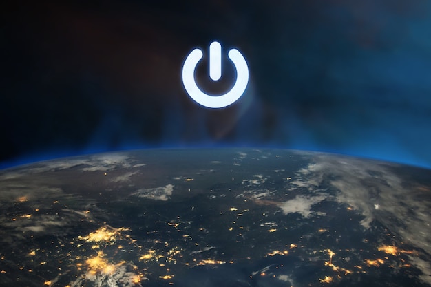 Aan / uit-knop over de planeet Aarde in de ruimte.