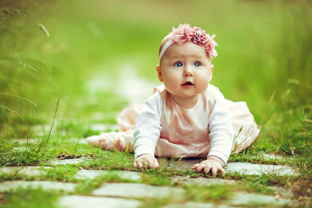 Aanbiddelijk babymeisje dat in het gras in het zomerpark kruipt