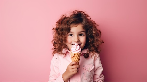 Aanbiddelijk meisje dat van roomijs roze achtergrond geniet