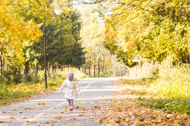 Aanbiddelijk meisje met de herfstbladeren in het schoonheidspark