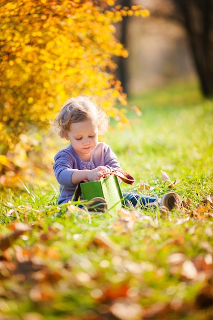 Aanbiddelijk meisje met de herfstbladeren