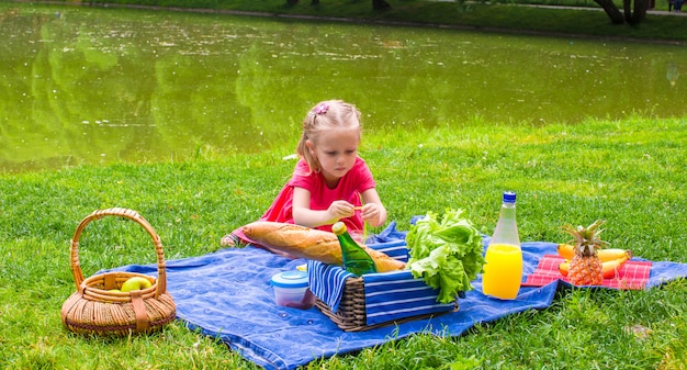 Aanbiddelijk meisje op picknick openlucht dichtbij het meer