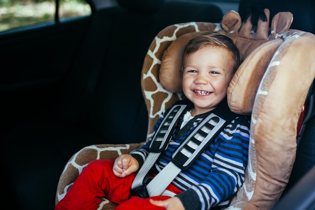 Aanbiddelijke babyjongen in een veiligheidsautozetel.