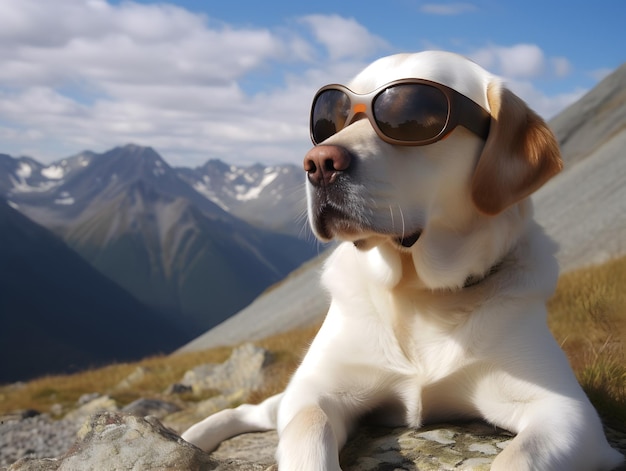 Aanbiddelijke huisdierenhond met oogglazen bovenop de reis van het bergavontuur