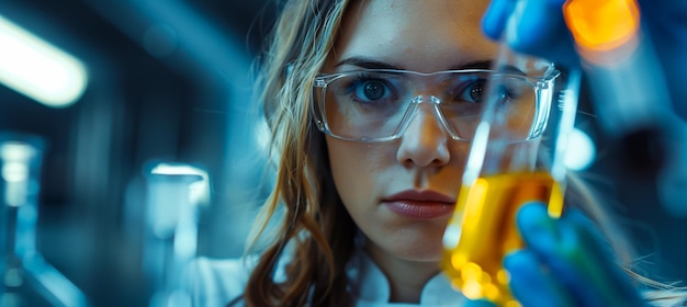 Foto aandachtige vrouwelijke wetenschapper die naar blauwe vloeistof in een testbuis kijkt en de resultaten opschrijft