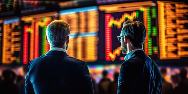 Aandelenhandelaren kijken naar financiële grafiek op groot scherm Equity of share trading concept Generatieve AI