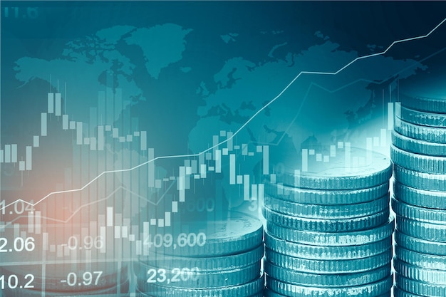 Aandelenmarktinvesteringen die financiële, munt- en grafiekgrafiek of Forex verhandelen voor het analyseren van winstfinanciën zakelijke trendgegevensachtergrond.