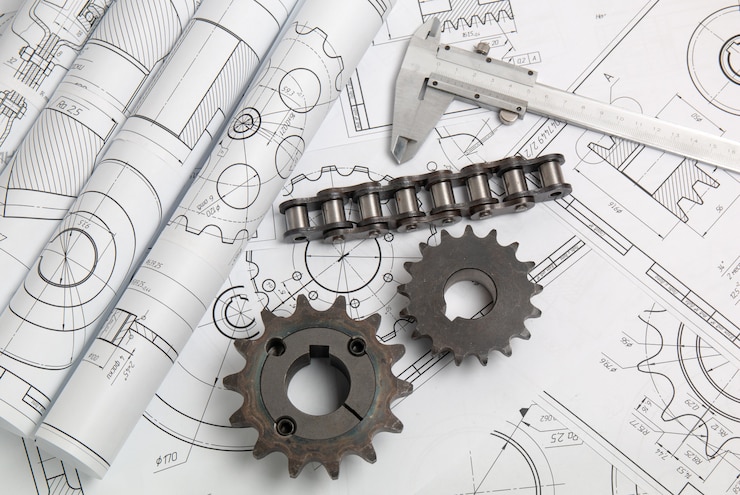 Foto aandrijving van tandwielen, ketting- en technische tekeningen van industriële onderdelen en mechanismen