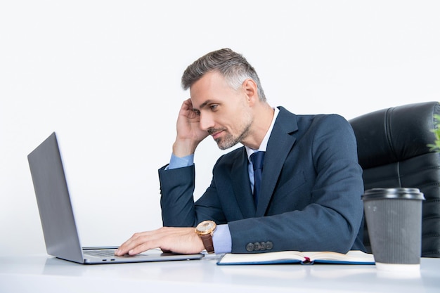 Aangename volwassen zakenman die op kantoor werkt met een laptop.