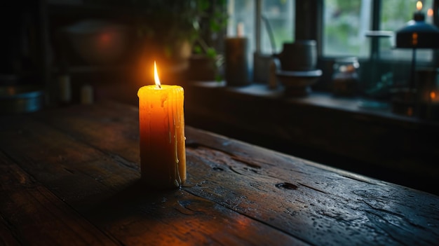 Aangestoken kaars op houten tafel