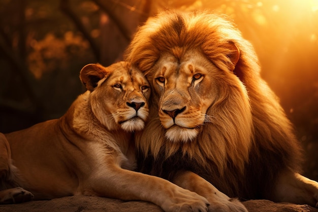 Foto aanhankelijk afrikaans leeuwenpaar in majestic pride genative ai
