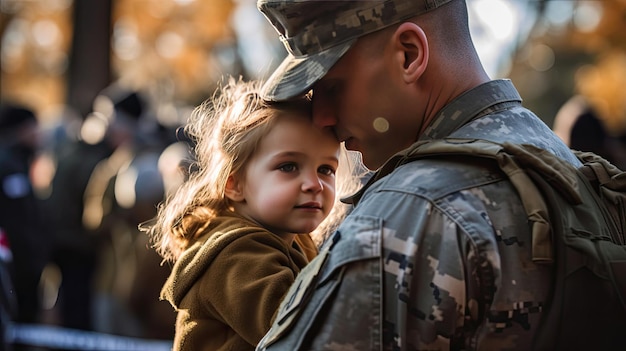 Aanhankelijke militaire hereniging tussen vader en dochter Vader knuffelt kind Genatieve AI