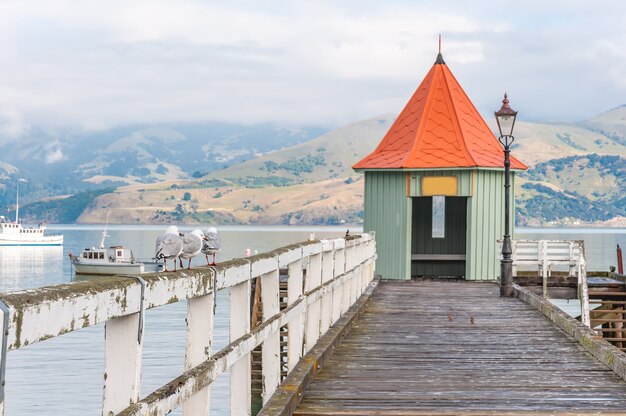 aanlegsteiger die op meer in Akaroa Nieuw Zeeland voortbouwen