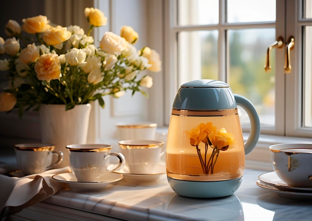 Foto aanrecht met ochtendlicht en koffiekopjes met een boeket bloemen thee of infusies gemaakt met ai