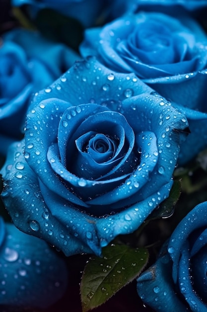 Aanschouw de verbluffende schoonheid van een foto versierd met een overvloed aan blauwe rozenbloesems die AI heeft gegenereerd