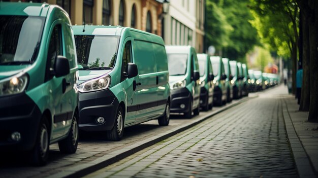 Foto aantal nieuwe witte minibussen en bestelwagens buiten