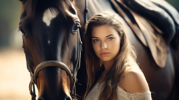 Aantrekkelijk hot meisje model dragen perfecte koninklijke jurk met paard mode fotografie