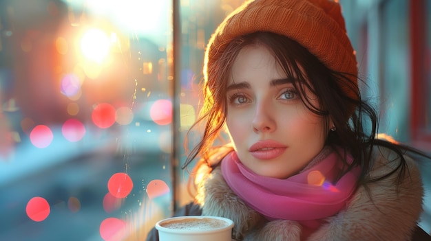 Foto aantrekkelijk meisje dat een warme latte drinkt terwijl ze door de straat loopt