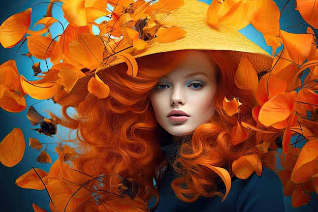 Aantrekkelijk roodharig vrouwenmodel dat het herfstseizoen symboliseert met felle kleuren