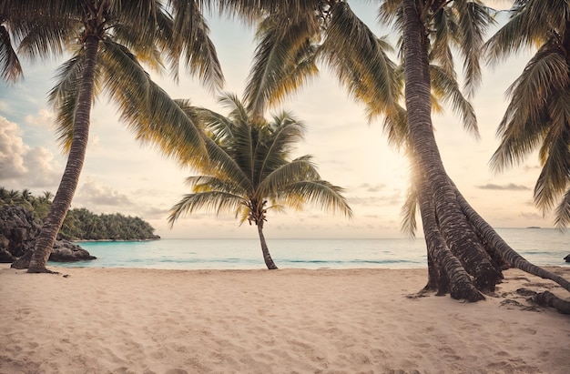 Aantrekkelijk uitzicht op het strand met kokospalmen bij zonsondergang