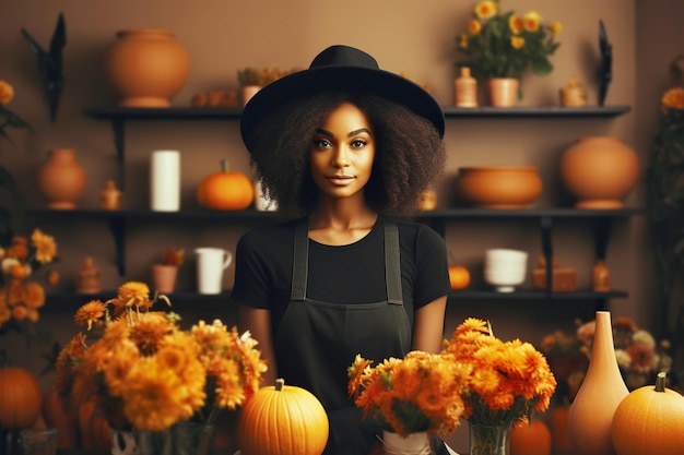 Aantrekkelijke Afro-Amerikaanse vrouw bloemenhandelaar die in een bloemenwinkel werkt Creatie van een herfstdecoratie voor de Halloweenviering