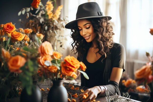 Aantrekkelijke Afro-Amerikaanse vrouw bloemist werken in bloemenwinkel Creatie van herfst decor voor Halloween feest