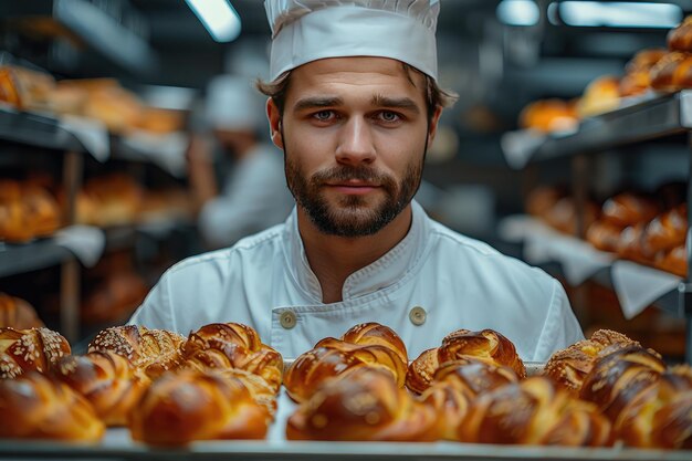 Foto aantrekkelijke bakker in wit uniform met een dienblad met vers gebakken bagels op de achtergrond