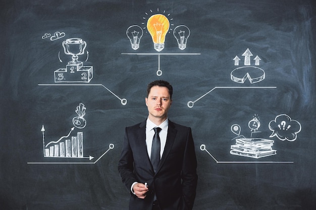 Foto aantrekkelijke blanke zakenman op een krijtbord achtergrond met zakelijke schets startup financiering idee en oplossing concept