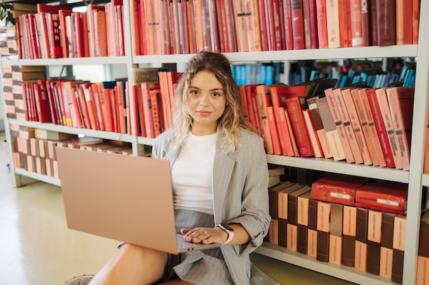 Aantrekkelijke blonde zit in de buurt van boekenplanken op de vloer en gebruikt een laptop om te studeren. Voorbereiding op het universiteitsexamen