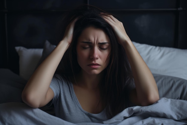 Aantrekkelijke brunette vrouw in pijn met cephalalgie die lijdt aan slechte hoofdpijn tijdens het rusten