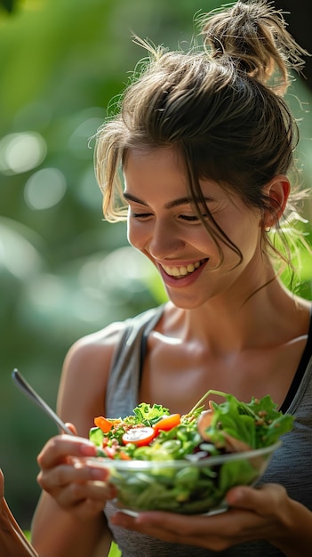 Foto aantrekkelijke en vrolijke jonge vrouwelijke bereide verse voedsel salade