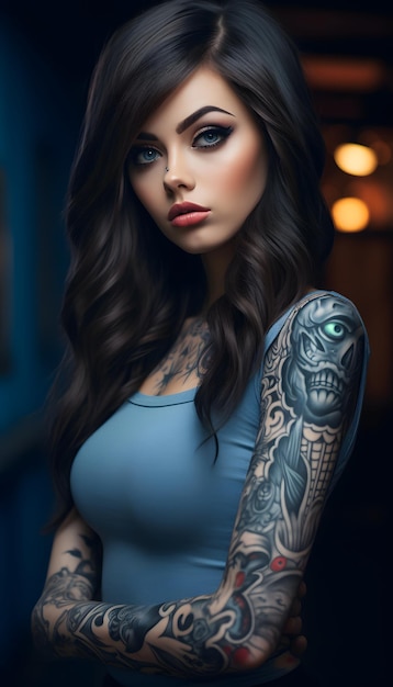 Aantrekkelijke gotische vrouw met tatoeages op haar hele lichaam.