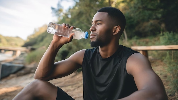 Aantrekkelijke jonge donkere huid sportman met korte baard drinken water uit de fles kijken ver awa