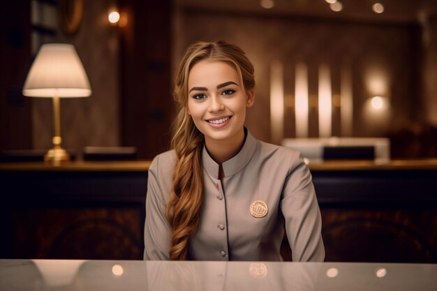 Foto aantrekkelijke jonge hotelreceptioniste op haar werkplaats generatieve ai