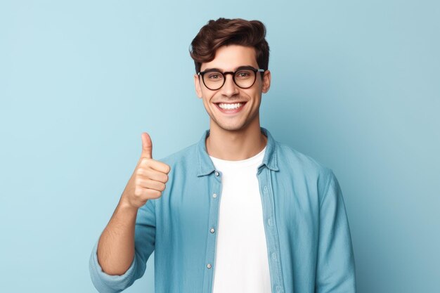 Aantrekkelijke jonge man met bril en glimlach duim omhoog