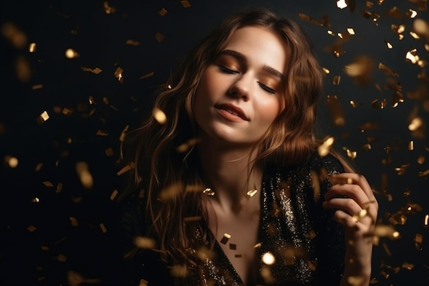Aantrekkelijke jonge vrouw dansen omgeven gouden confetti op party generatieve AI