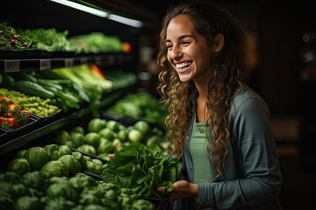 Aantrekkelijke jonge vrouw die naar groenten kijkt Een vrouw is aan het winkelen in een groentewinkel Een vrouw die fruit en groenten selecteert in het heldere licht van de supermarkt Generatieve AI