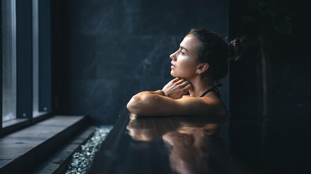 Foto aantrekkelijke jonge vrouw in een zwart zwempak ontspant in het zwembad