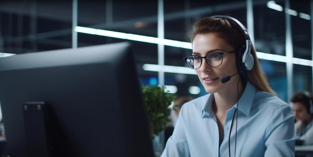 Aantrekkelijke jonge vrouw met een headset succesvolle callcenter werknemer