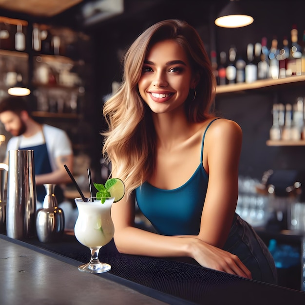 Aantrekkelijke jonge vrouw met een mooie glimlach terwijl ze in een bar werkt en daiquiri bereidt