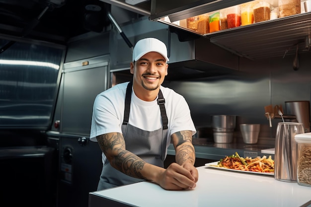 Aantrekkelijke mannelijke chef-kok die afhaalvoedsel bereidt in de keuken van een foodtruck