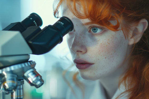 Foto aantrekkelijke roodharige wetenschapper die door een microscoop in een lab kijkt