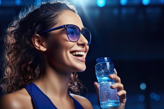 Aantrekkelijke sportieve vrouw in activewear met fles water in minimalistische kleurachtergrond