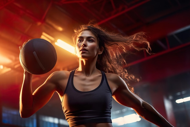 Aantrekkelijke sportvrouw speelt basketbal buitenshuis