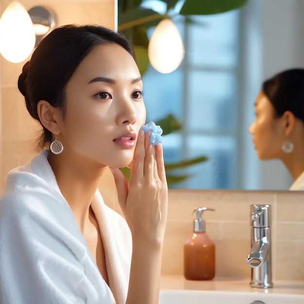 Aantrekkelijke versheid aziatische vrouw schoon gezicht zoet water met zorg kijk naar spiegel in badkamer thuis