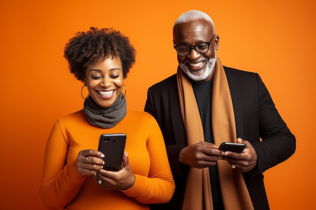Aantrekkelijke volwassen zwarte vrouw en zwarte man met telefoon op studio kleur achtergrond
