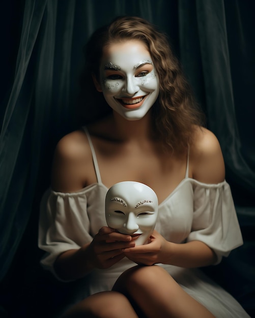 Aantrekkelijke vrouw die naar de camera kijkt en glimlacht met een masker voor haar gezicht